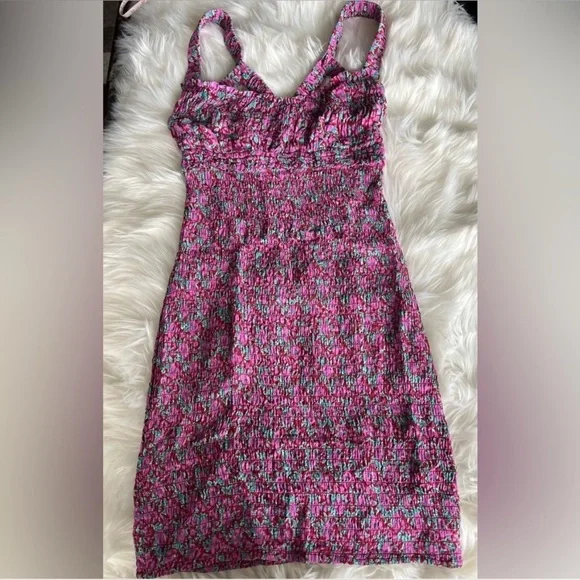 Free People Intimately Juniper Floral Mini Dress Smocked Bodycon Pink Sz Small - Picture 3 of 14